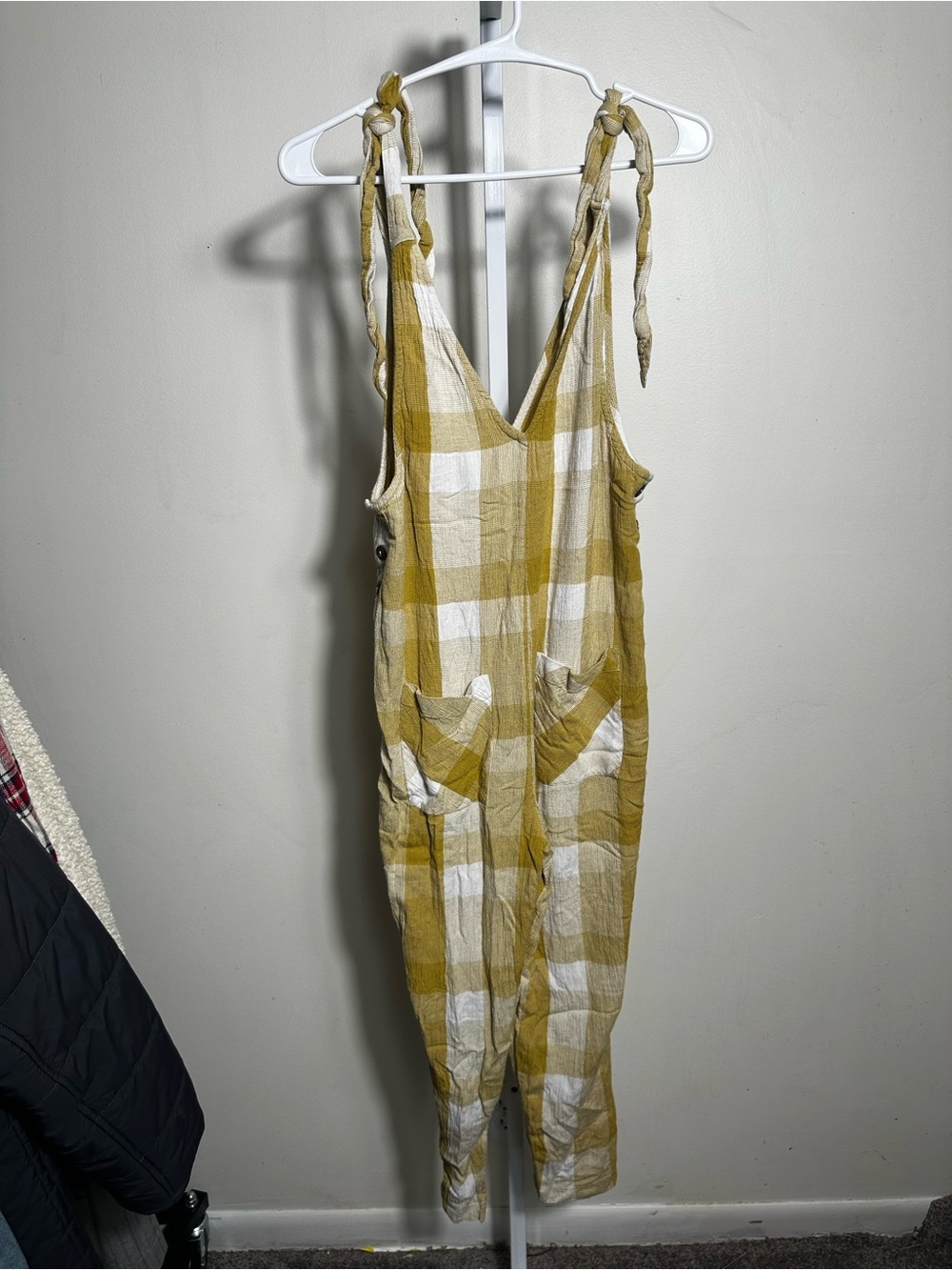 H26. Free People Mustard & White Plaid Tie-Shoulder Linen Jumpsuit